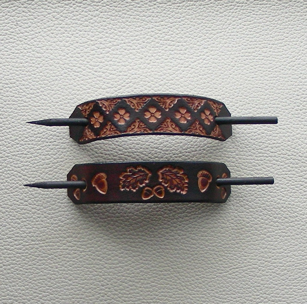 Leather Hair Barrettes with Sticks Retro by ExpressionsInLeather