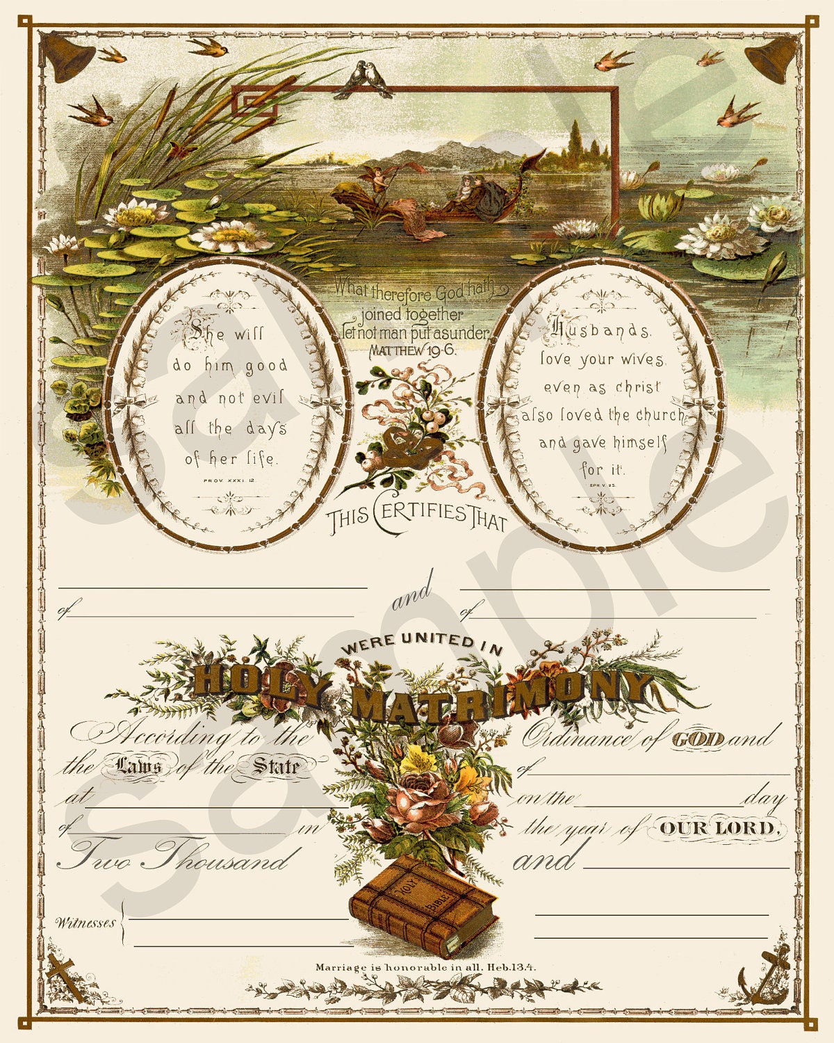 Beautiful Antique 19th Century Blank Marriage Certificate