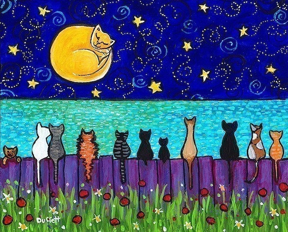 Full Moon Cats cat in moon kittens ocean fence from