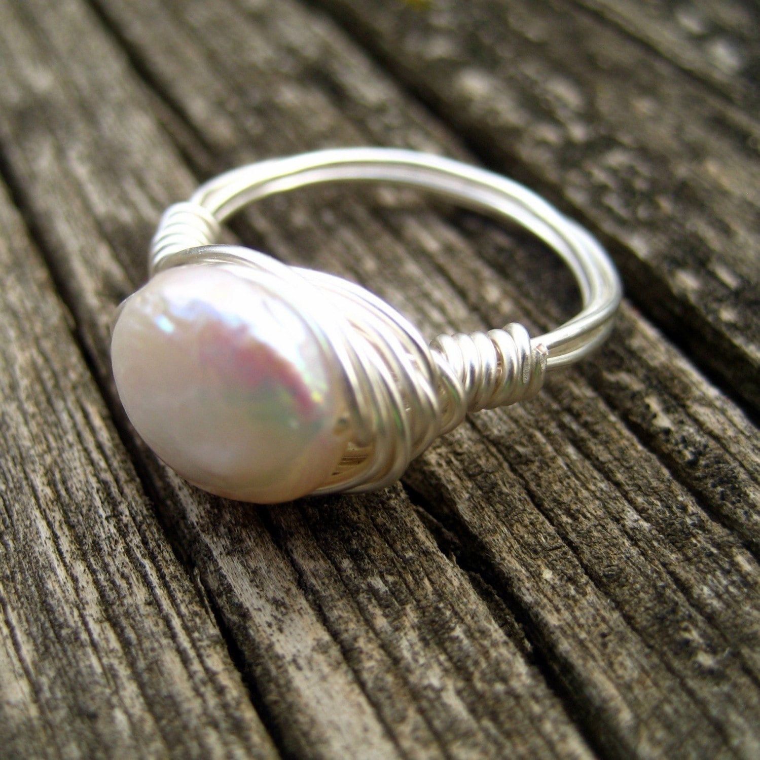 White freshwater pearl ring silver simple wire wrapped made to