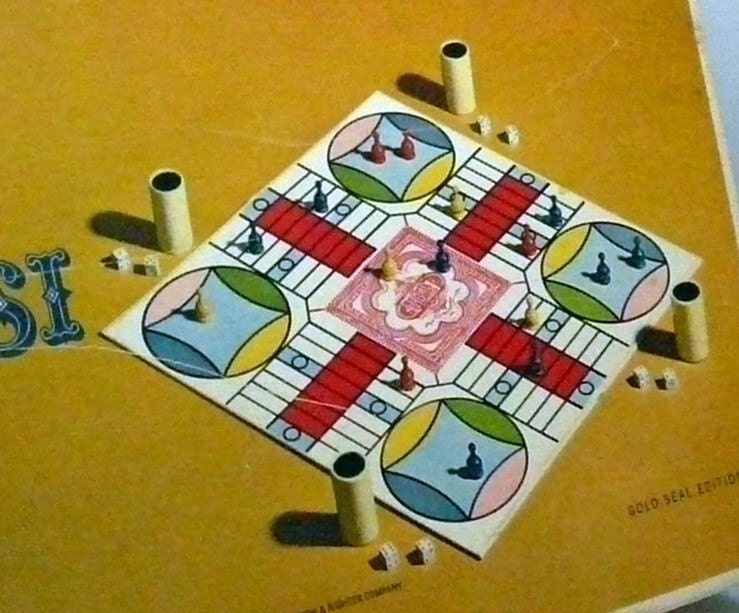 Parcheesi board game 28 parts pieces wood cup dice by MaxAndCo