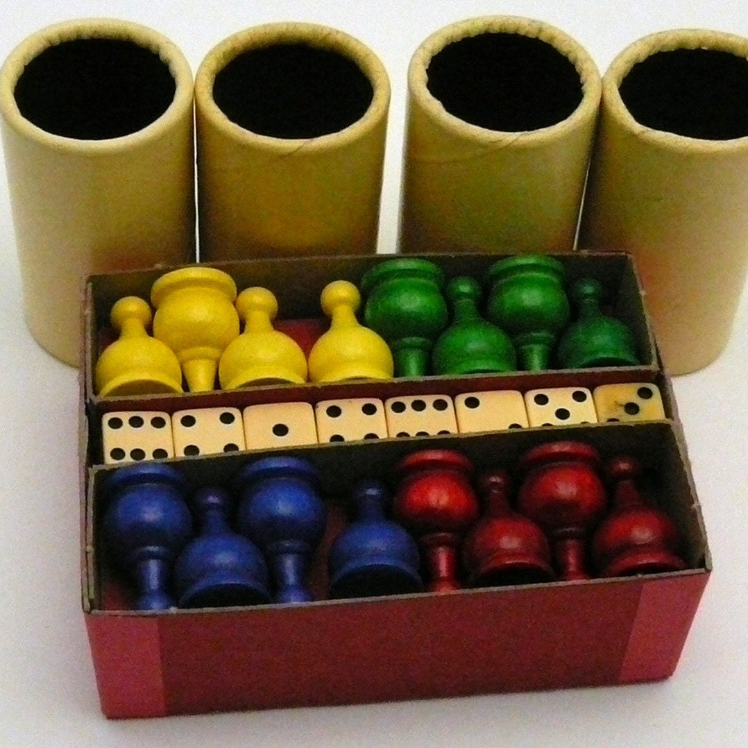 Parcheesi board game 28 parts pieces wood cup dice by MaxAndCo
