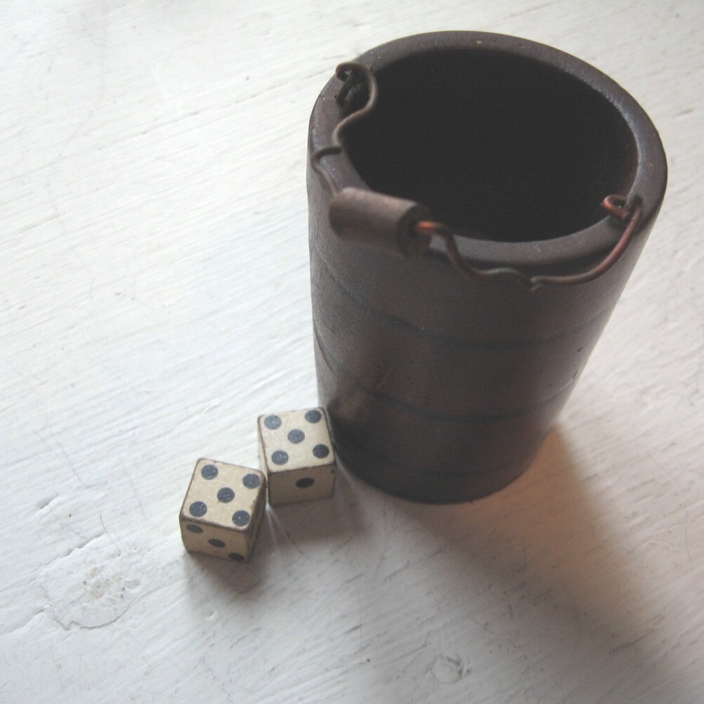 Miniature Antique Wood Dice Shaker Cup With Two Wood Dice