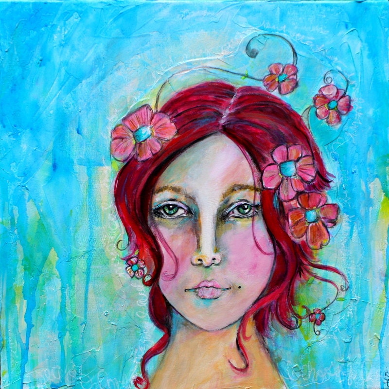 Sea of Love Mermaid Painting Portrait Red Hair Girl with Aqua