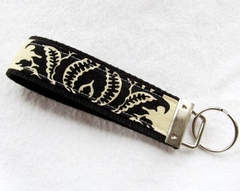Wristlet Key Fob Key Chain in Aviary II Damask in Cavern - Cream and Black Fabric Keychain