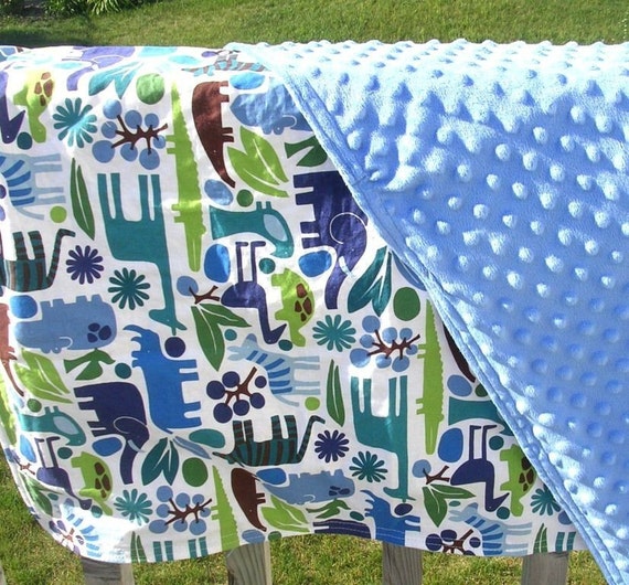 Super Snuggly Blanket 2D Zoo in Blue with minky dot backing