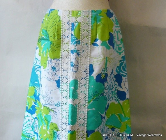 Lily PULITZER Floral Maxi Skirt 4 6 8 Cotton Blue Lime by GoodEye
