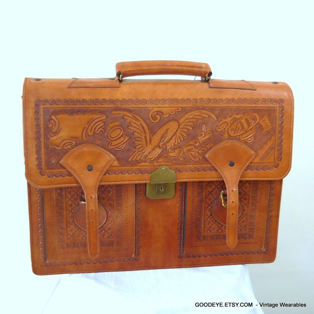 Vintage Tooled Leather Briefcase Purse with Key Lock by GoodEye
