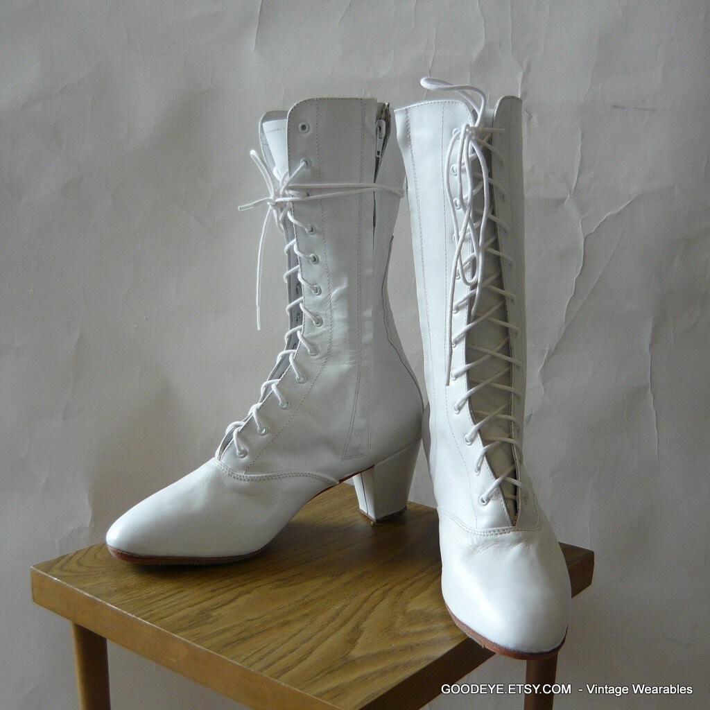white lace up granny boots