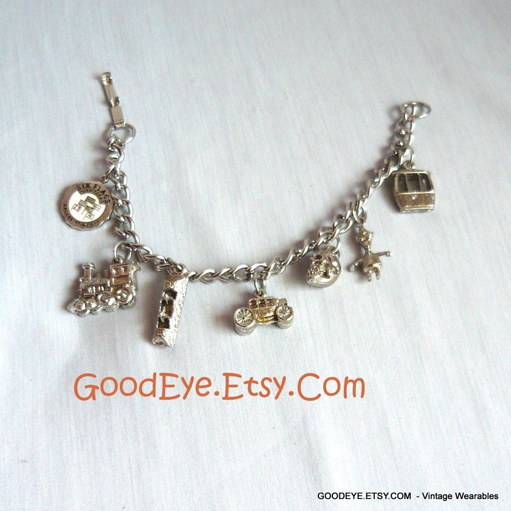 Vintage Charm Bracelet 1960s TEXAS Six Flags PARK Theme Silver