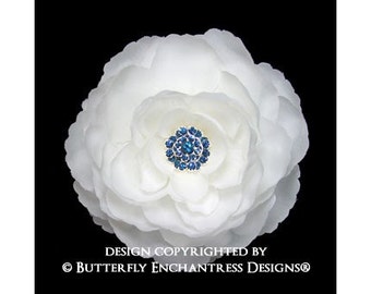 Diamond White English Rose Bridal Hair Flower Clip with Something Blue Rhinestone Center