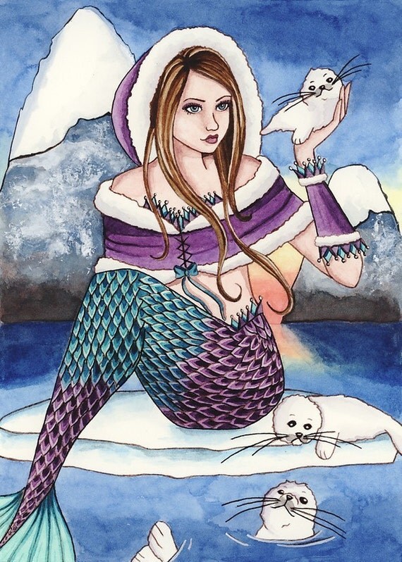 Items similar to Winter Mermaid Print - Fantasy Art - 5x7 - Harp Seal ...