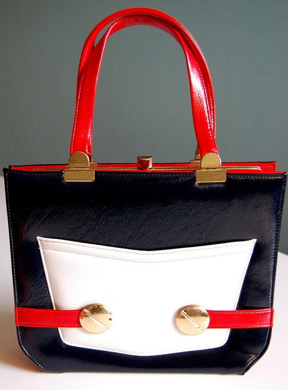 red and blue handbag