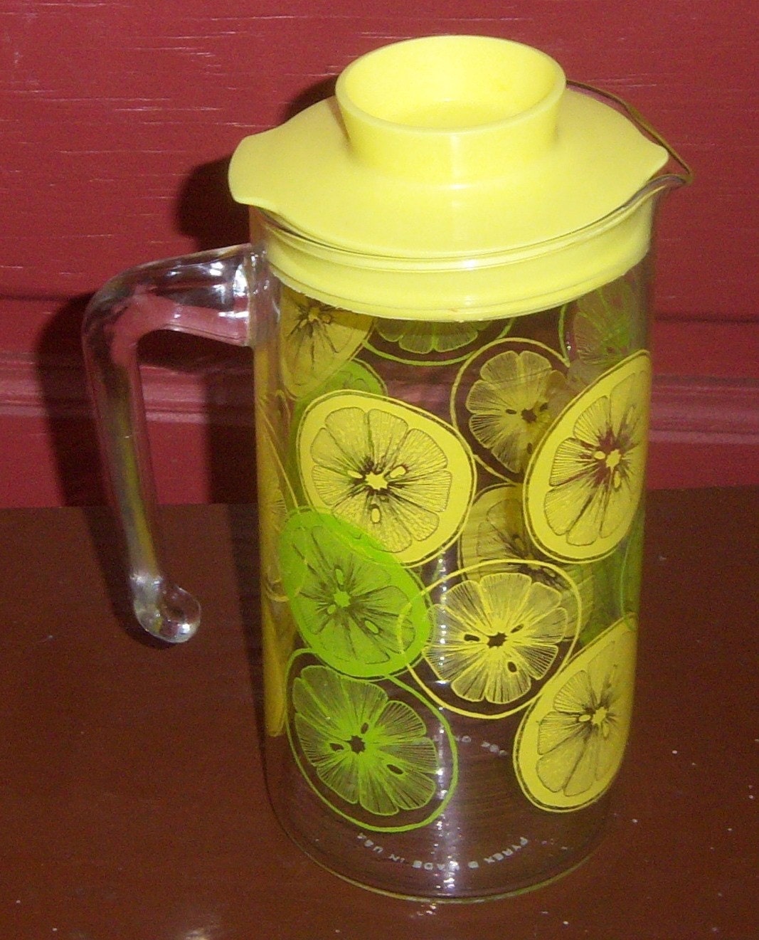 vintage Pyrex glass lemon and lime drink pitcher with