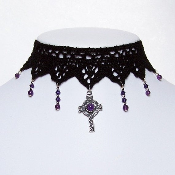 Gothic Lace choker with Amethyst celtic cross and Swarovski cascade - IMMORTAL goth by DarkEleganceDesigns steampunk buy now online