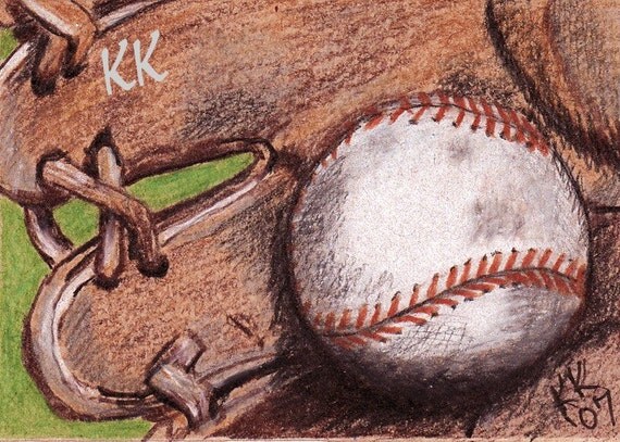 Items similar to ACEO PRINT Baseball in Glove Colored Pencil Drawing 