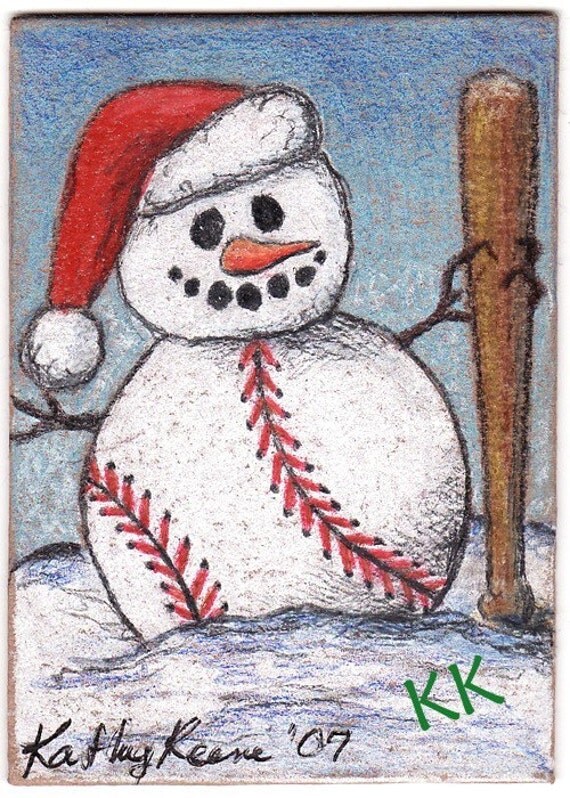 Items similar to ACEO PRINT Baseball Snowman with Bat Drawing on Etsy