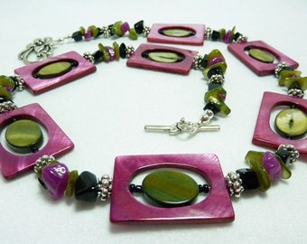 Fushia and Olive Shell Necklace