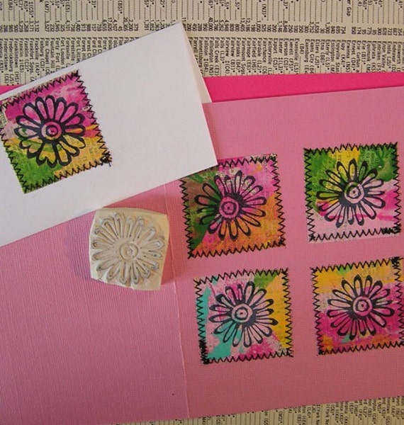 Hand Carved Rubber Stamp Flower with Collage by AutumnHathaway