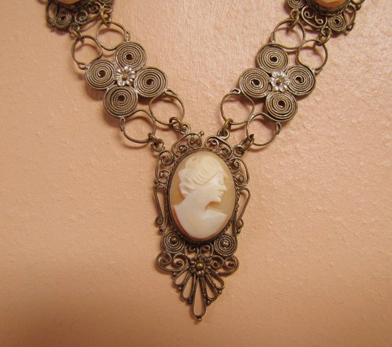 1920s Silver Filigree Cameo Necklace Edwardian Style