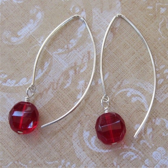 Earrings Czech glass beads sterling silver wires Berry Red