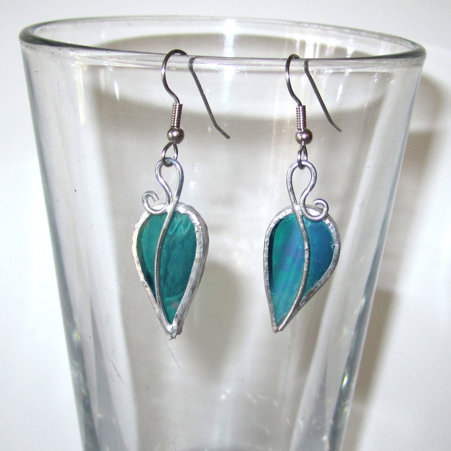 Fresh Foliage Stained Glass Earrings Teal Green Leaf