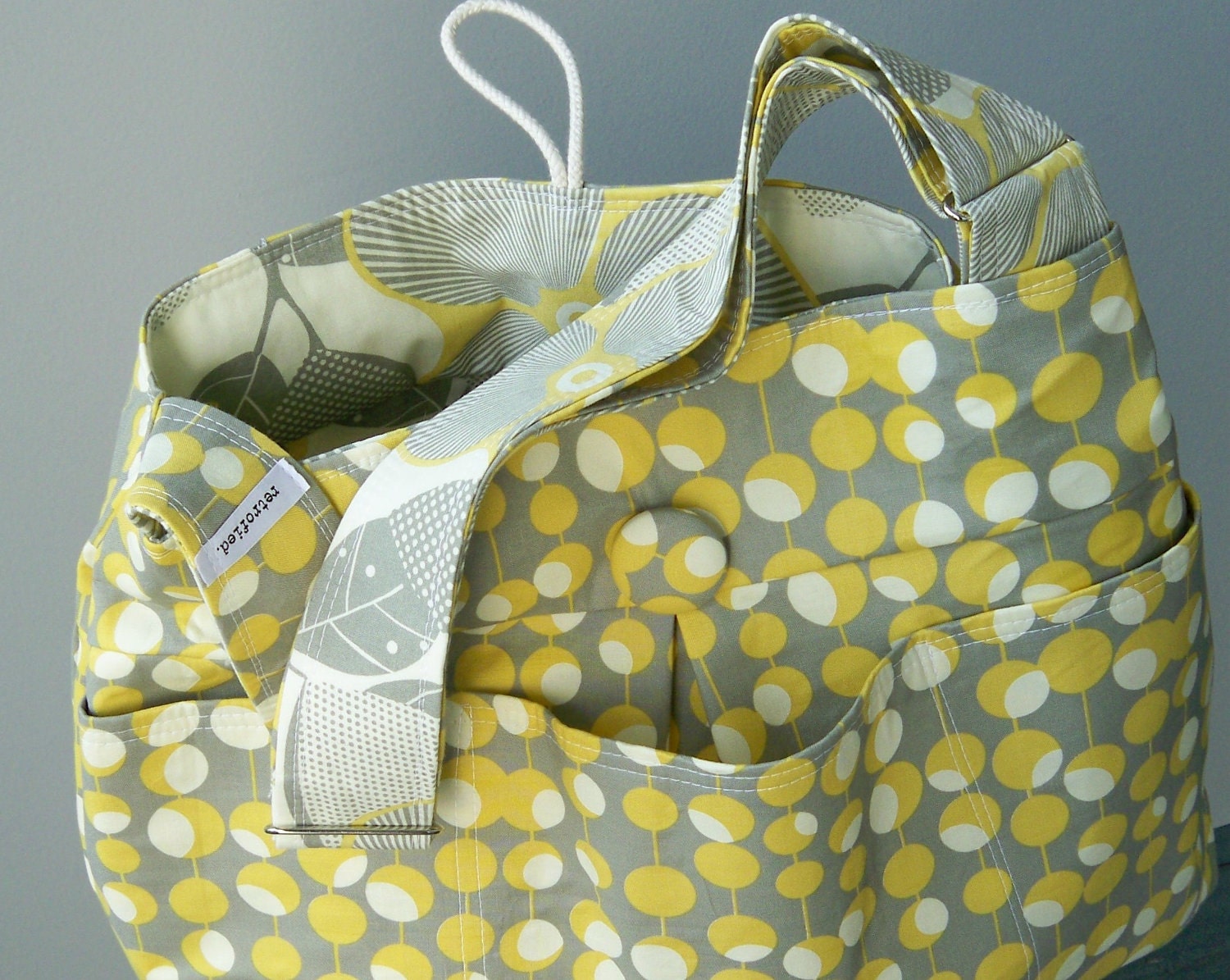 Extra Large Grey Yellow Diaper Bag 6 Pockets Reversible