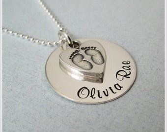 Baby Name Necklace - Baby Feet Necklace - Personalized Necklace - Baby Footprint Heart Necklace - New Mom Gift - Push Present