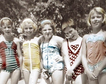 Hanging Out with The Girlfriends Bathing Suit Girls w CAmera vintage photo greeting card Summer Camp vintage Swimsuit 1950s