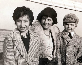 Traveling by Boat Little Girl and BOy w Mom vintage photo