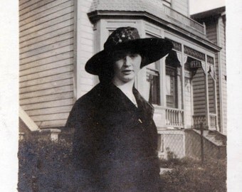 vintage photo Woman in Big Hat by Victorian Home photograph