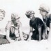 vintage photo Bathing Beauties Pose at Beach in Polka DOt Caps and Swimsuits