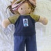 16 inch Waldorf upcycled knit tee blue robot patch