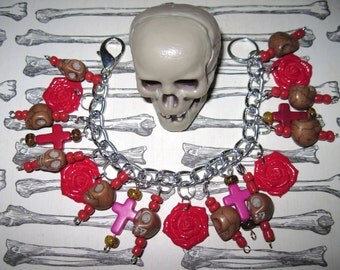 Sugar Skull Charm Bracelet Day of The Dead Jewelry Dia De Los Muertos Sugar Skull Jewelry Roses Crosses Beads Mexican Style Jewelry OOAK