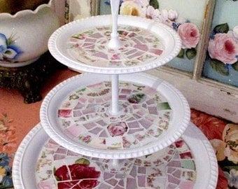 Pretty White Shabby Mosaic 3 Tier Tray Pastry Stand Cottage Chic Home Decor