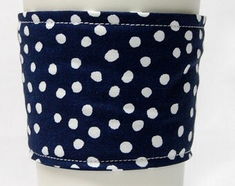 Coffee Cozy/Cup Sleeve Eco Friendly Slip-on, Teacher Appreciation, Co-Worker Gift, Bulk Discount: Navy Blue with White Polka Dots