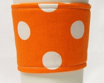 Coffee Cozy/Cup Sleeve Eco Friendly Slip-on, Teacher Appreciation, Co-Worker Gift, Bulk Discount: Orange with White Polka Dots