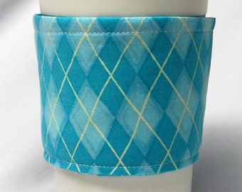 Coffee Cozy/Cup Sleeve, Eco Friendly, Slip-on, Teacher Appreciation, Co-Worker Gift, Bulk Discount: Teal Argyle