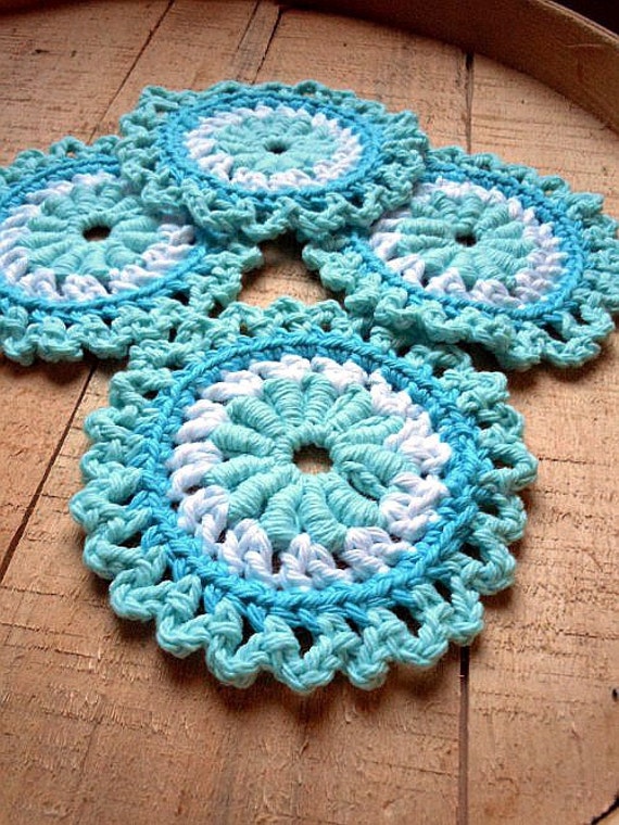Items similar to Cotton Coasters Round Turquoise Aqua White Spring ...