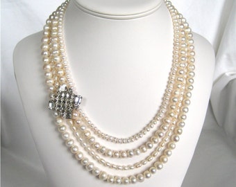 Pearl Necklace, 4 Strand Bridal Necklace, Vintage Rhinestone, Silver, Freshwater Pearl Wedding Necklace, White Pearls, Handmade, Aimee