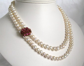 Pink Rhinestone, 2 Strand Pearl Bridal Necklace, Gold Necklace, Freshwater Pearl, Handmade, Hortense