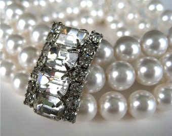 Pearl Bracelet, Vintage Rhinestone, Silver, 3 Strand Bracelet, Handmade, Vienna