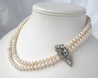 Two Strand Pearl Necklace, Vintage Rhinestone Silver Bridal Necklace, Handmade, Simone