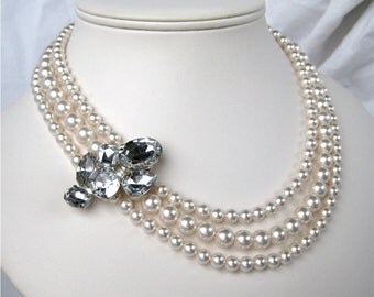 White Pearl Necklace, Three Strand Wedding Necklace, Sparkling Rhinestone, Silver, Handmade, Shauna