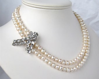 Rhinestone Pearl Necklace, Two Strand Freshwater Pearl Bridal Necklace, Silver, Handmade, Thomasina