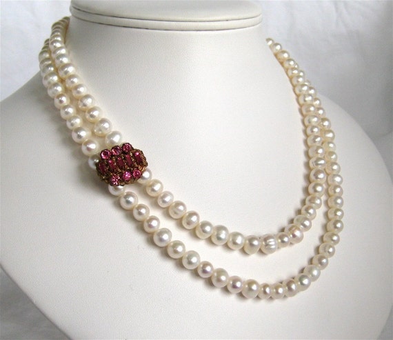 Pink Rhinestone 2 Strand Pearl Bridal Necklace Gold