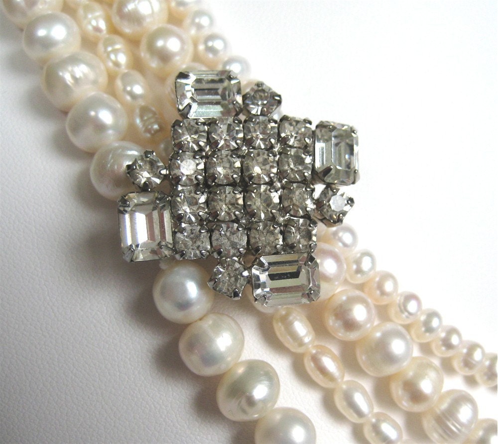 Pearl Necklace 4 Strand Bridal Necklace Vintage Rhinestone
