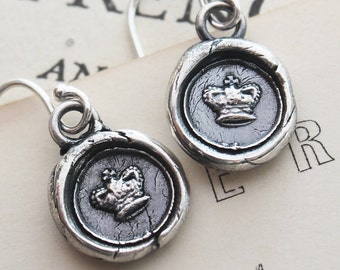 tiny crown wax seal earrings in eco friendly fine silver, princess crown queen jewelry - DE820
