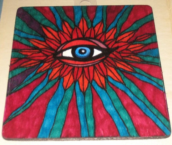 Blue Flame Eye Drawing Painting on Wood