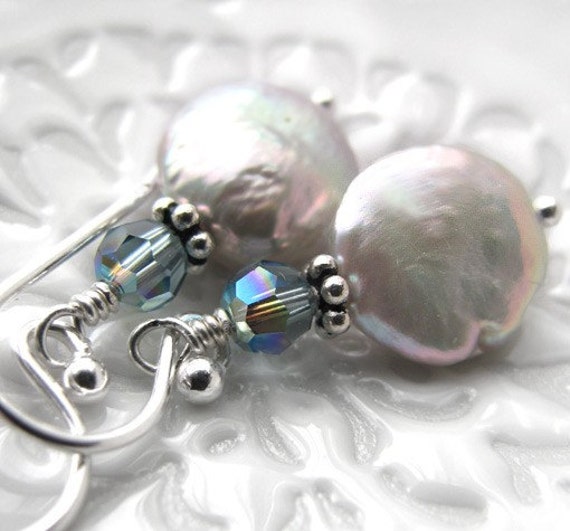 White Coin Pearl Earrings Something Blue Crystal Sterling